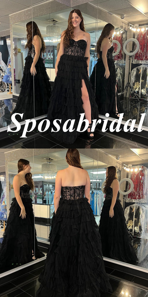 Sexy Black Sweetheaart A-Line Long Prom Dresses With Applique And Beading, PD3773