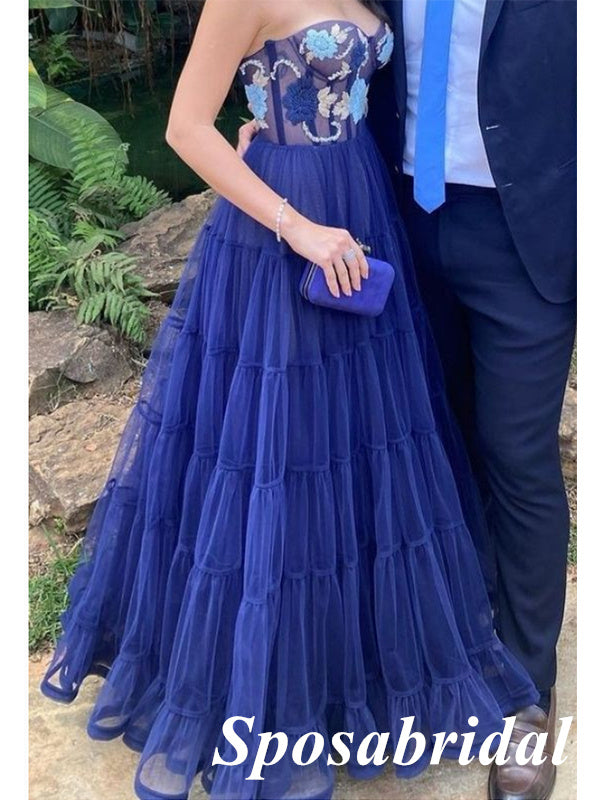 Elegant Royal Blue Tulle Sweetheart A-Line Long Prom Dresses With Applique, PD3803