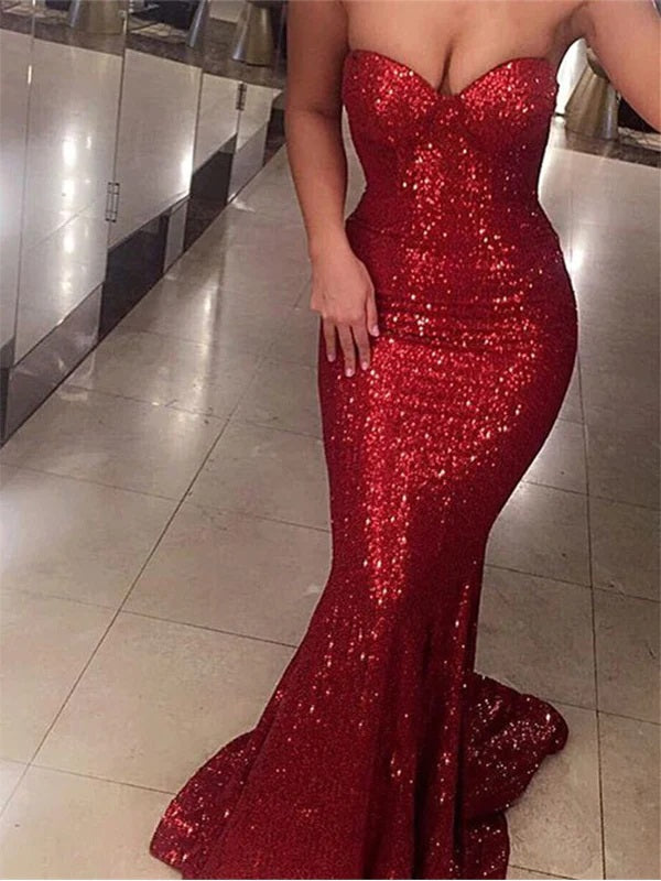 Red Sexy Sweetheart Strapless Mermaid Long Sequin Simple Prom Dress, PD3537