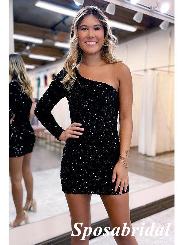 Sexy Back Sequin One Shoulder Long Sleeve Sheath Short Dresses/ Homecoming Dresses, PD3528