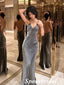 Sexy Silver Elastic Satin Spaghetti Straps Sleeveless Open Back Mermaid Long Prom Dresses, PD3869