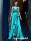 Sexy Elastic Satin Spaghetti Straps V-Neck A-Line Long Prom Dresses With Split, PD3774