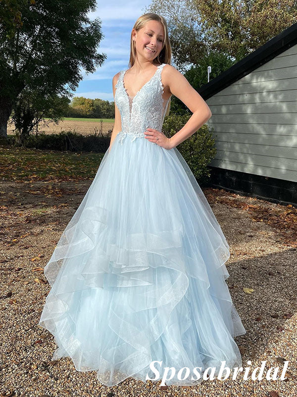Sexy Light Bule Tulle Spaghetti Straps V-Neck A-Line Long Prom Dresses With Applique, PD3753