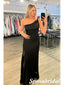 Sexy Black One Shoulder Sleeveless Side Slit Mermaid Maxi Prom Dress, PD4005