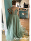 Sexy Sage Tulle And Lace Spaghetti Straps V-Neck A-Line Long Prom Dresses With Split, PD3828