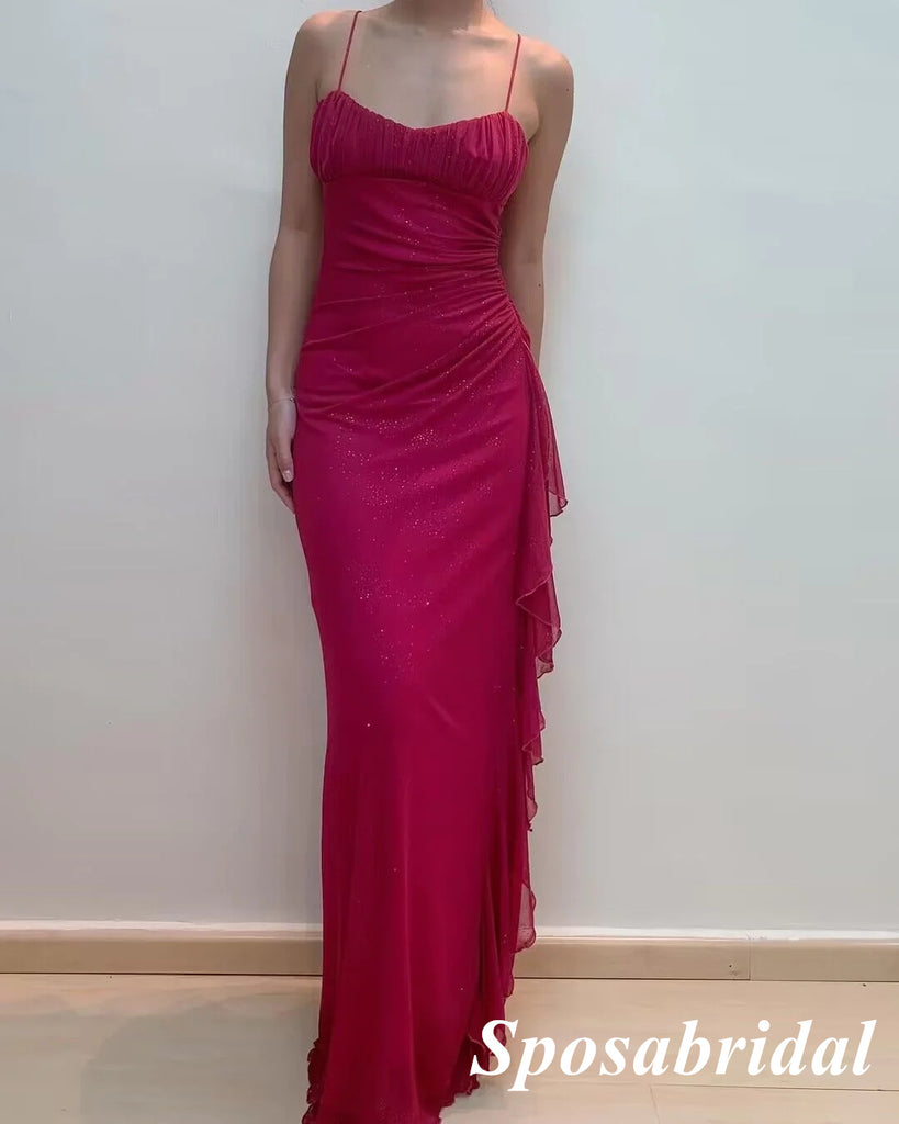 Elegant Chiffon Spaghetti Straps Sleeveless Mermaid Long Prom Dresses, PD3879
