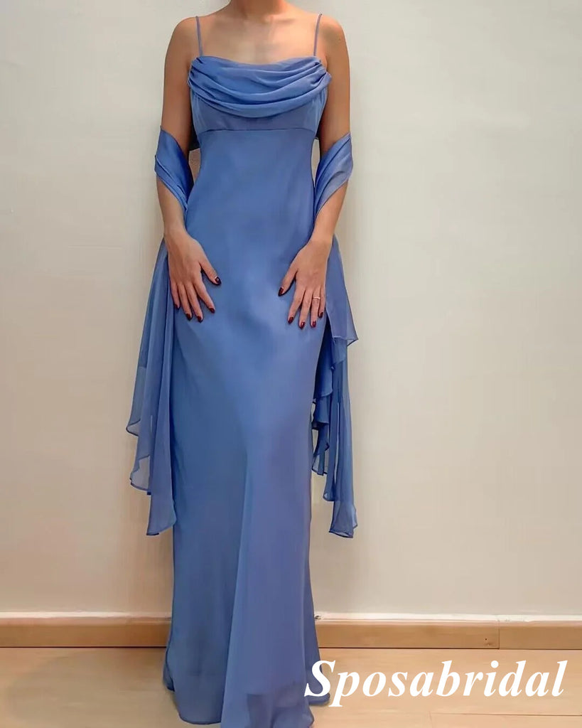 Elegant Chiffon Spaghetti Straps Sleeveless Mermaid Long Prom Dresses, PD3878