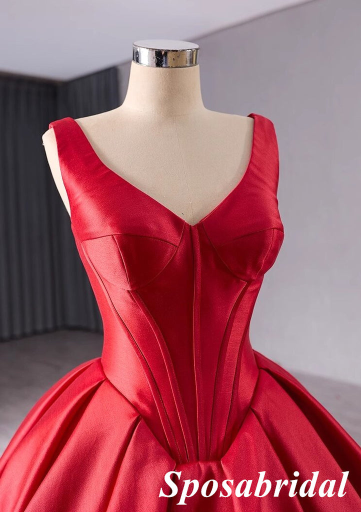 Elegant Red Satin Spaghetti Straps Sleeveless A-Line Ball Gown Long Prom Dress Formal Party Dress, PD3989