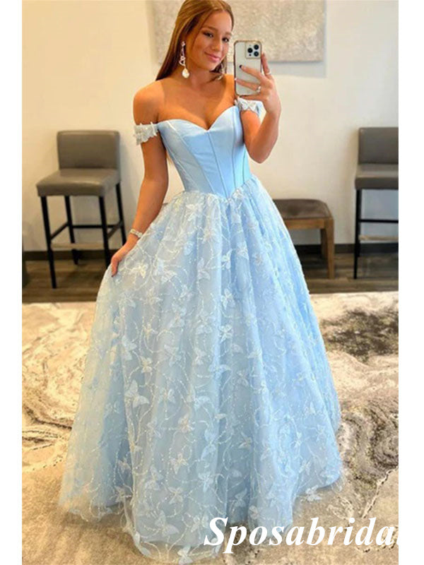 Elegant Satin And Tulle Off Shoulder Sleeveless A-Line Long Prom Dresses, PD3748
