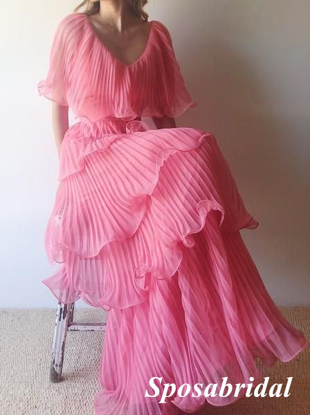 A Line Pink Pleated Long Prom Dress Formal Party Dress, PD3984