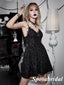 Shiny Sexy Black Special Fabric And Lace Spaghetti Straps V-Neck A-Line Mini Dresses/ Homecoming Dresses, PD3533