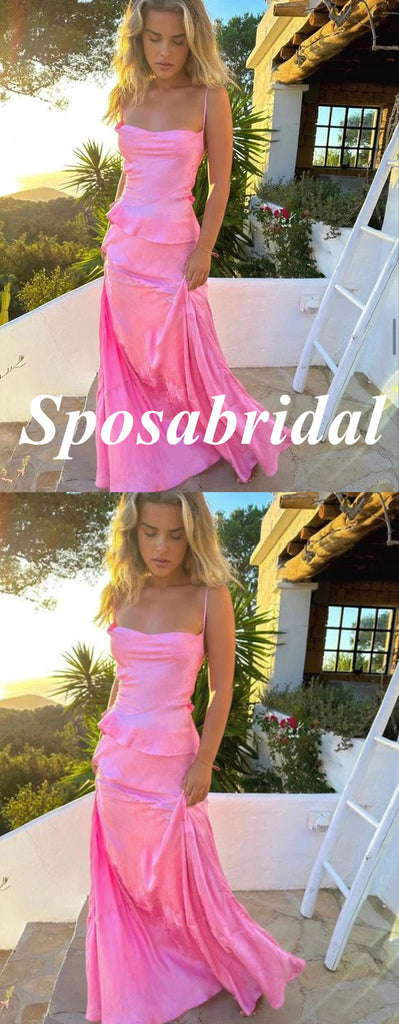 Sweet Pink Soft Satin Spaghetti Straps Sleeveless Mermaid Long Prom Dresses, PD3890