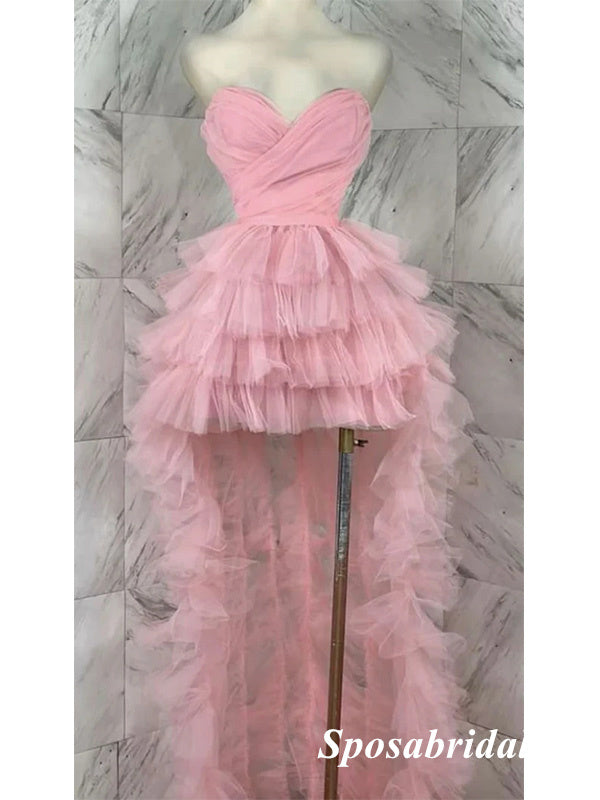 High Low Sweetheart Candy-Pink Tulle Long Prom Dress Formal PD3994