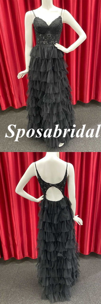 Sexy Black Tulle And Lace Spaghetti Straps V-Neck A-Line Long Prom Dresses, PD3758