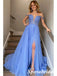 Elegant Tulle And Lace Beading Off Shoulder Sleeveless Side Slit A-Line Long Prom Dresses, PD3749