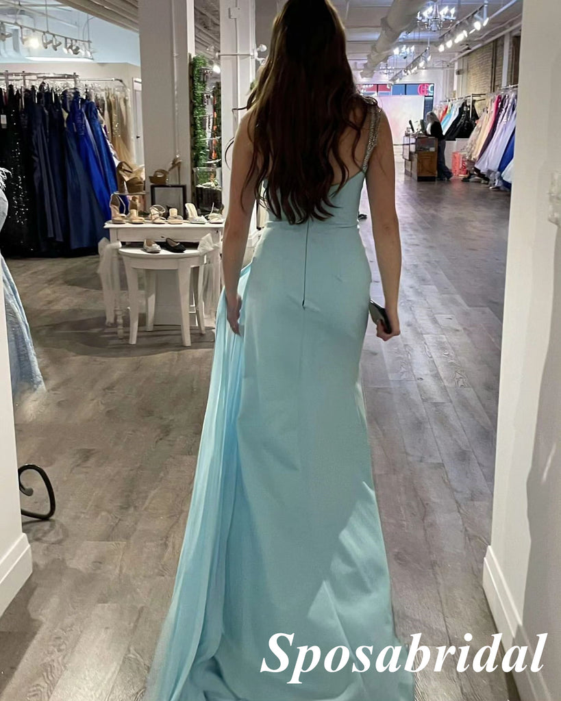 Sexy One Shoulder Sleeveless Side Slit Mermaid Floor Length Long Prom Dresses, PD3983