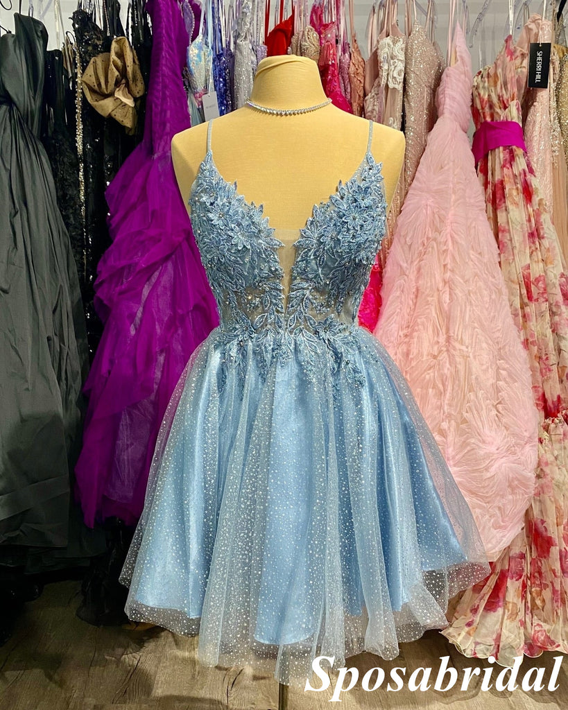 Sexy Tulle And Lace Spaghetti Straps V-Neck Sleeveless A-Line Mini Dresses/ Homecoming Dresses, PD3632