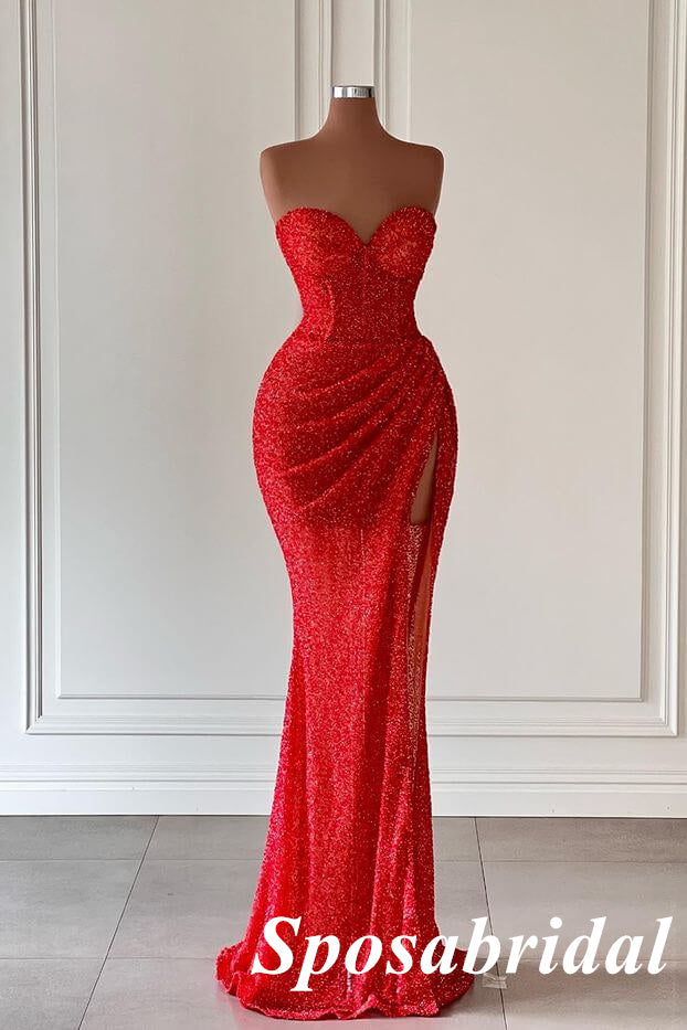 Sexy Red Sweetheart Sleeveless Side Slit Mermaid Long Prom Dresses, PD3907