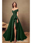 Sexy Satin Off Shoulder V-Neck Sleeveless Side Slit A-Line Long Prom Dresses,PD3708