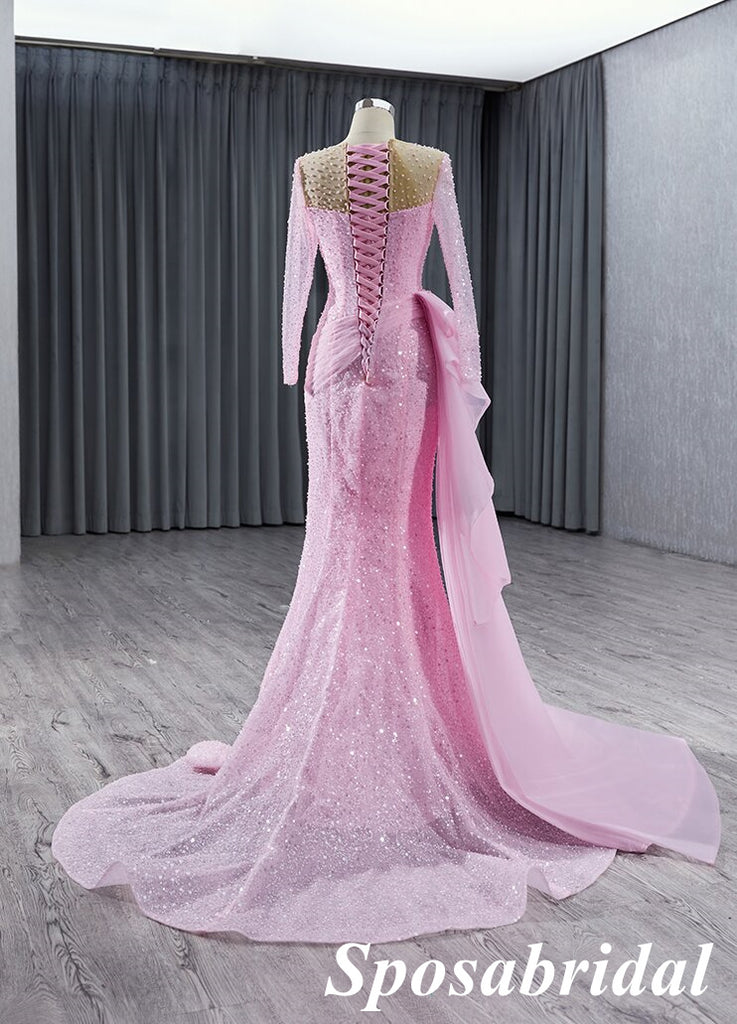 Elegant Candy-Pink Long Sleeves Beading Mermaid Long Prom Dress Formal PD3993