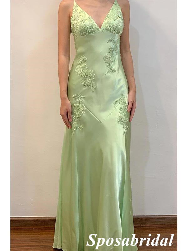 Sexy Soft Satin Spaghetti Straps V-Neck Sleeveless Mermaid Maxi Prom Dress With Applique, PD4037