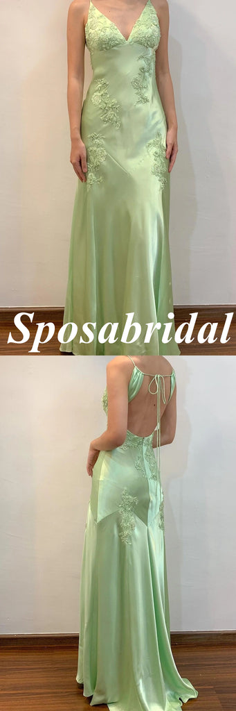 Sexy Soft Satin Spaghetti Straps V-Neck Sleeveless Mermaid Maxi Prom Dress With Applique, PD4037