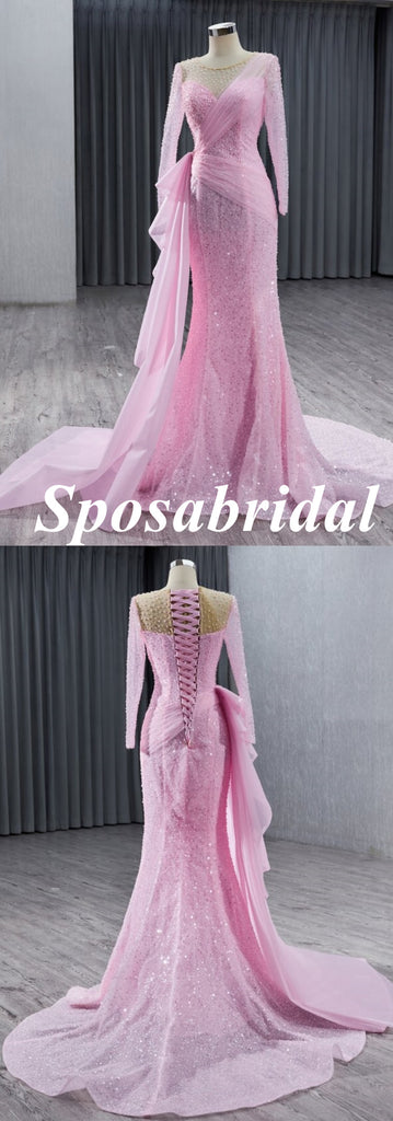 Elegant Candy-Pink Long Sleeves Beading Mermaid Long Prom Dress Formal PD3993