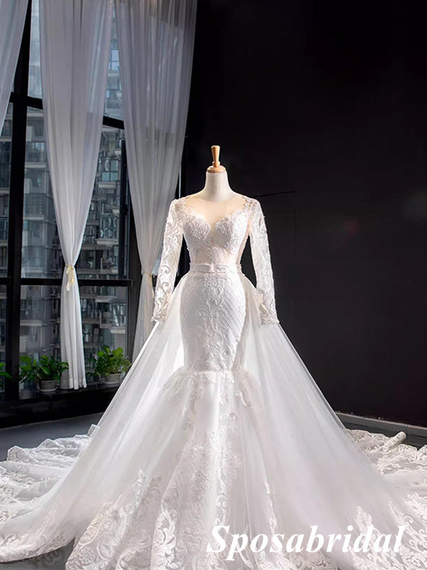 Elegant Tulle And Lace Long Sleeves V-Neck Mermaid Long Wedding Dresses With Detachable Train, WD3109