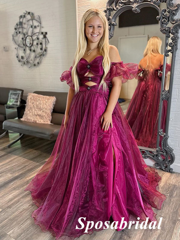 Sexy Special Fabric Sweetheart Side Slit A-Line Long Prom Dresses With Applique, PD3780