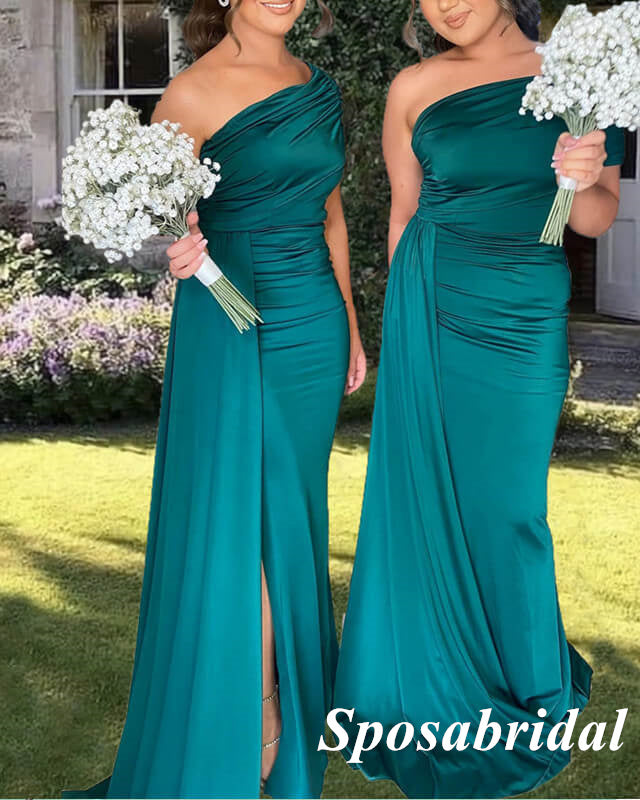 Sexy Soft Satin One Shoulder Side Slit Mermaid Floor Length Bridesmaid Dresses With Trailing, BD3294