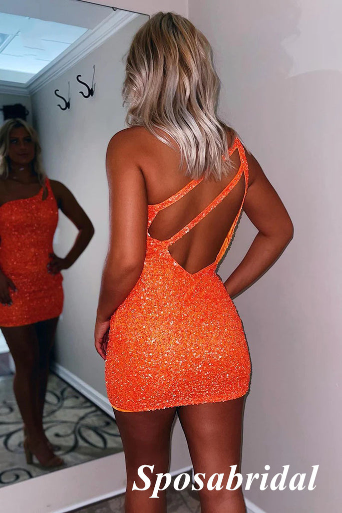 Sparkly Orange Sequin One Shoulder Sheath Mini Dresses/ Homecoming Dresses, PD3556