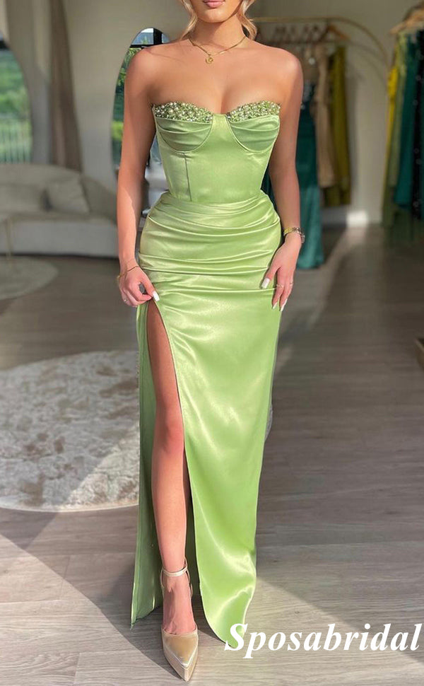 Sexy Soft Satin Sweetheart Sleeveless Side Slit Mermaid Long Prom Dresses With Beading, PD3938