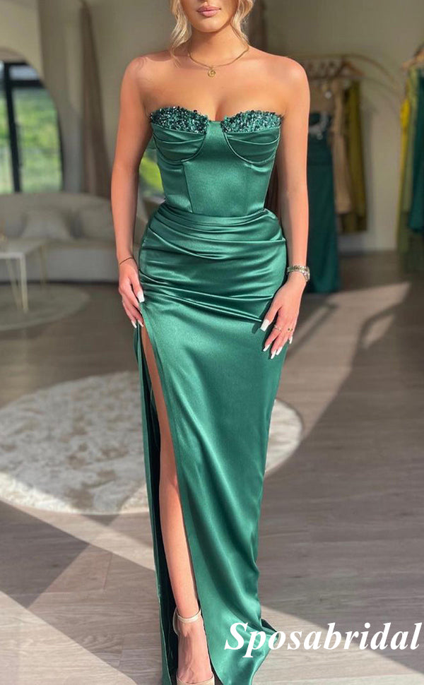 Sexy Soft Satin Sweetheart Sleeveless Side Slit Mermaid Long Prom Dresses With Beading, PD3939