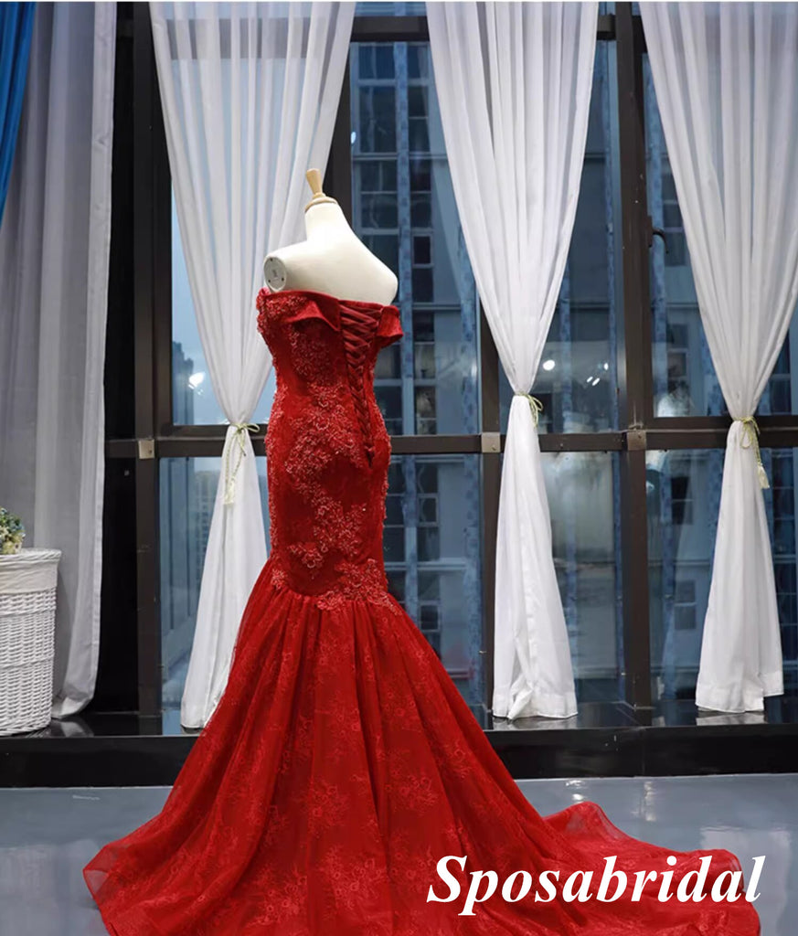 Elegant Red Tulle And Lace Off Shoulder Sleeveless Mermaid Long Prom Dress Formal Party Dress, PD3990