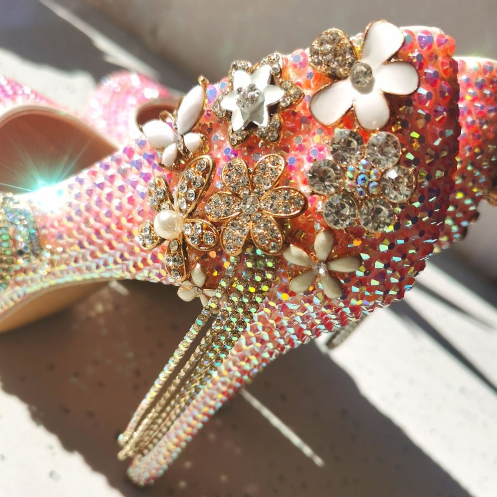 Handmade High Heels Round Toe Pink Crystal Wedding Shoes, S0041