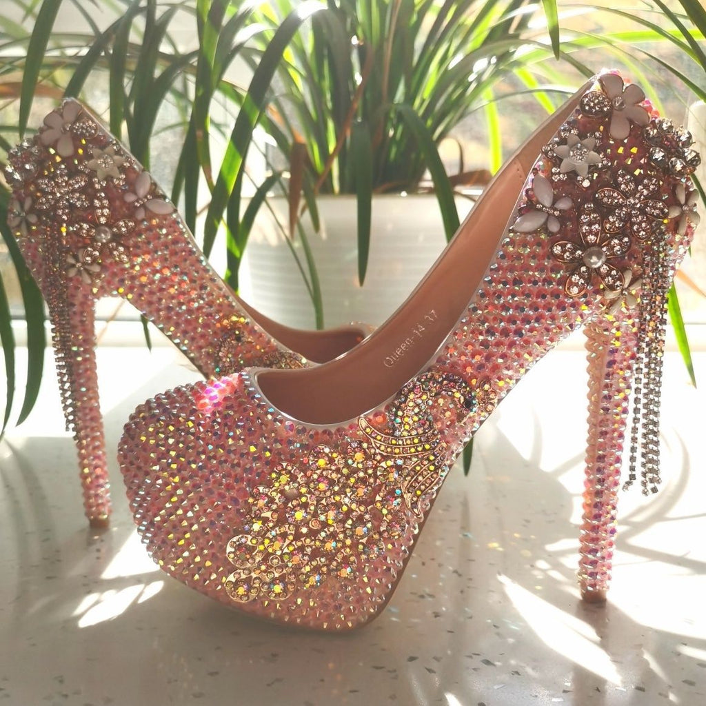 Handmade High Heels Round Toe Pink Crystal Wedding Shoes, S0041