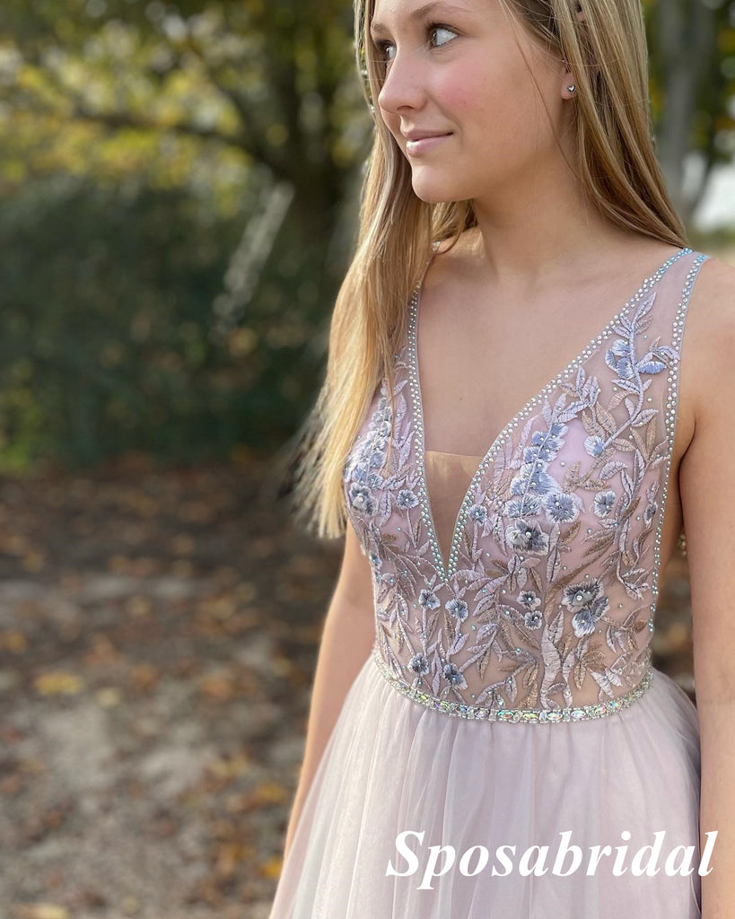 Sexy Tulle Spaghetti Straps V-Neck A-Line Long Prom Dresses With Appliques and Beading, PD3754