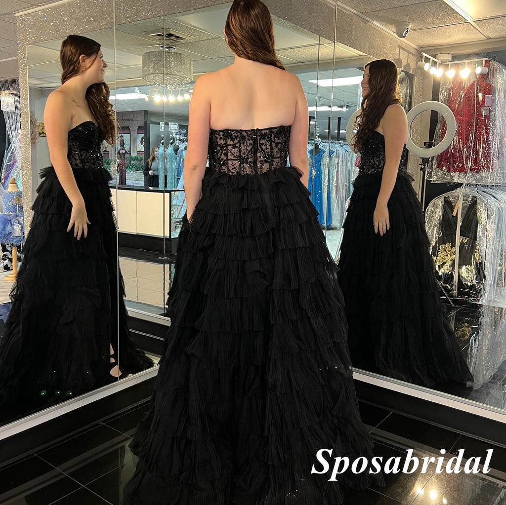 Sexy Black Sweetheaart A-Line Long Prom Dresses With Applique And Beading, PD3773