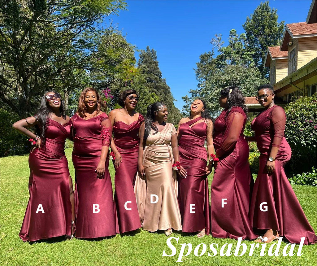 Sexy Mismatched Burgandy Soft Satin Mermaid Floor Length Bridesmaid Dresses, BD3322