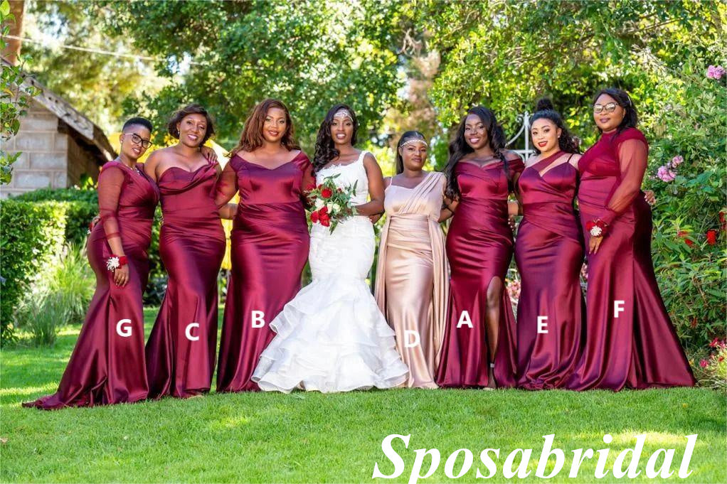 Sexy Mismatched Burgandy Soft Satin Mermaid Floor Length Bridesmaid Dresses, BD3322