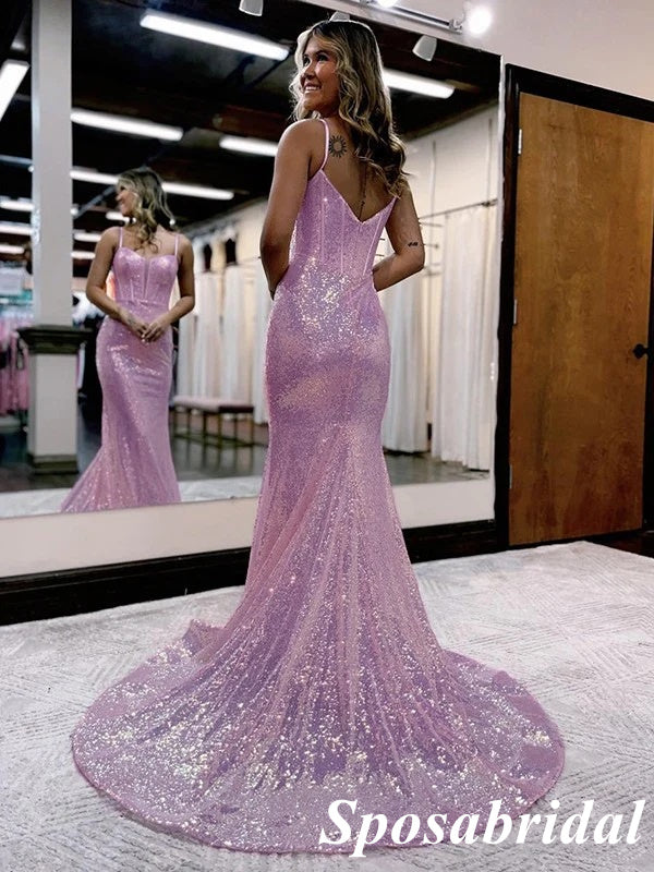 Shiny Charming Spaghetti Straps Mermaid Long Prom Dresses, PD3761