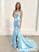 Sexy Elastic Satin Spaghetti Straps V-Neck Sleeveless Side Slit Mermaid Long Prom Dresses, PD3898