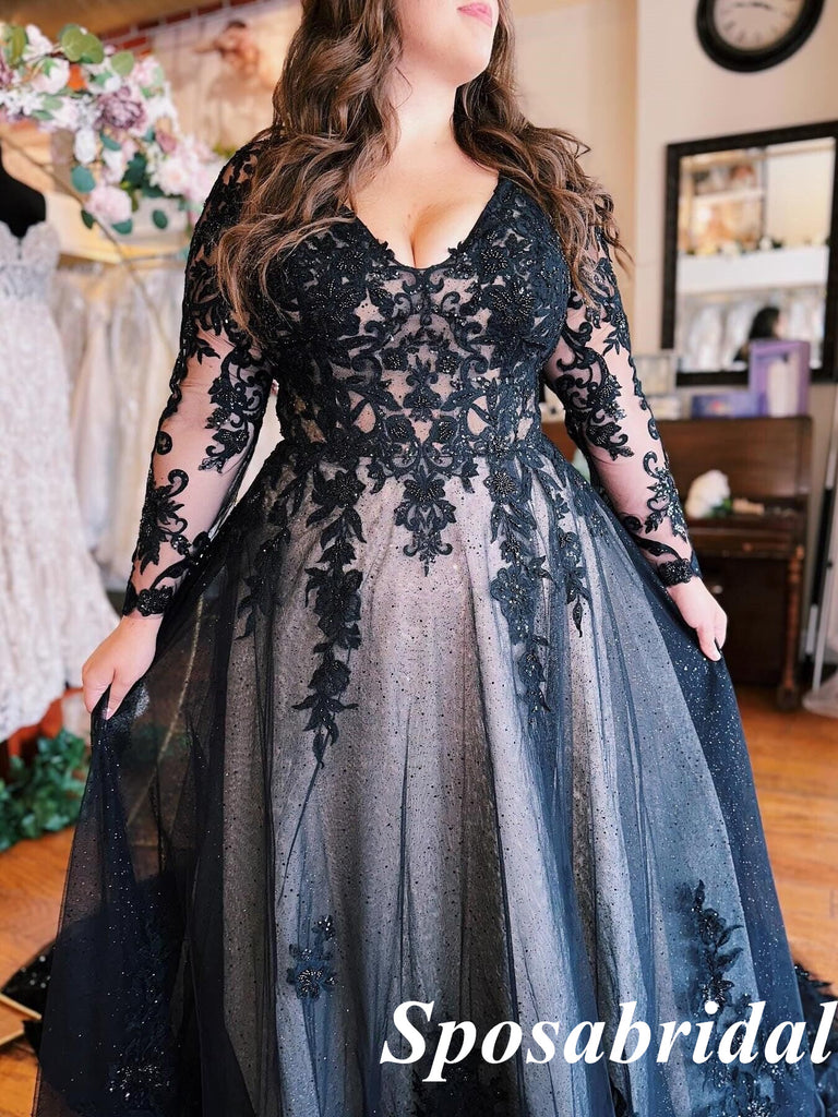 Elegant Black Tulle Long Sleeves A-Line Long Prom Dresses With Applique, PD3809