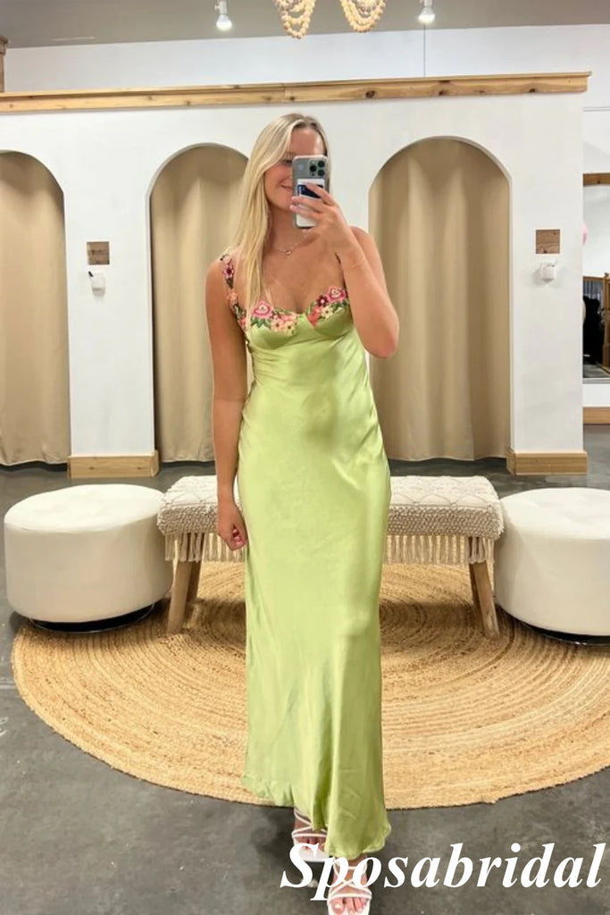 Sexy Soft Satin Spaghetti Straps Sleeveless Mermaid Maxi Prom Dress With Applique, PD4010