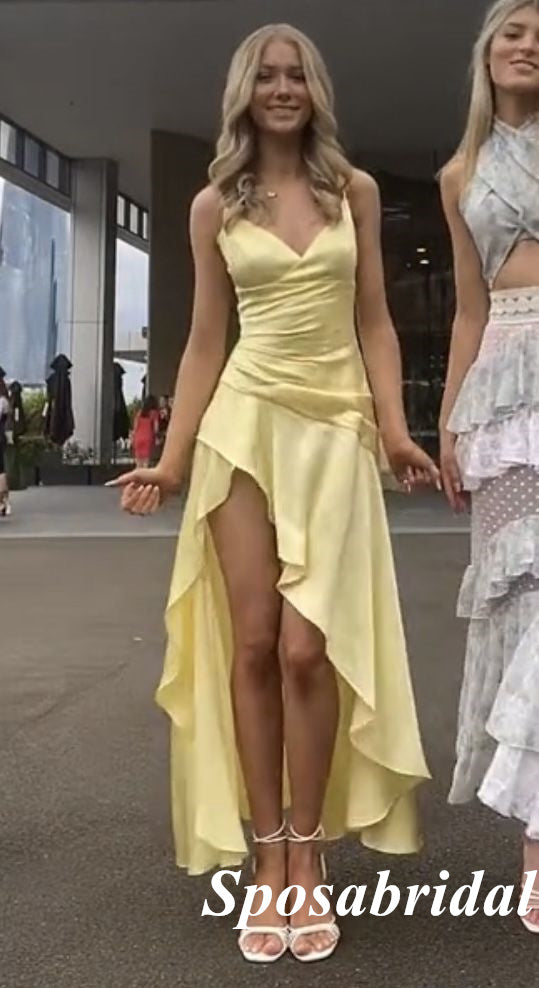 Sexy Soft Satin Spaghetti Straps V-Neck Sleeveless Side Slit Mermaid Long Prom Dresses, PD3893