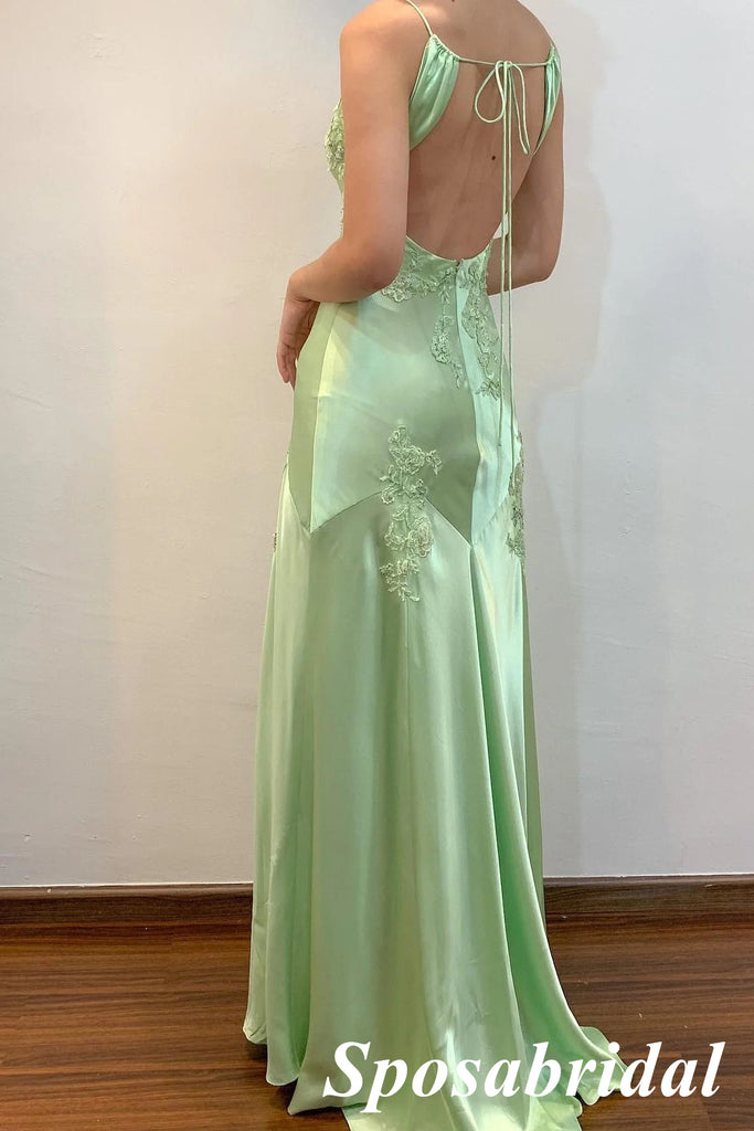 Sexy Soft Satin Spaghetti Straps V-Neck Sleeveless Mermaid Maxi Prom Dress With Applique, PD4037