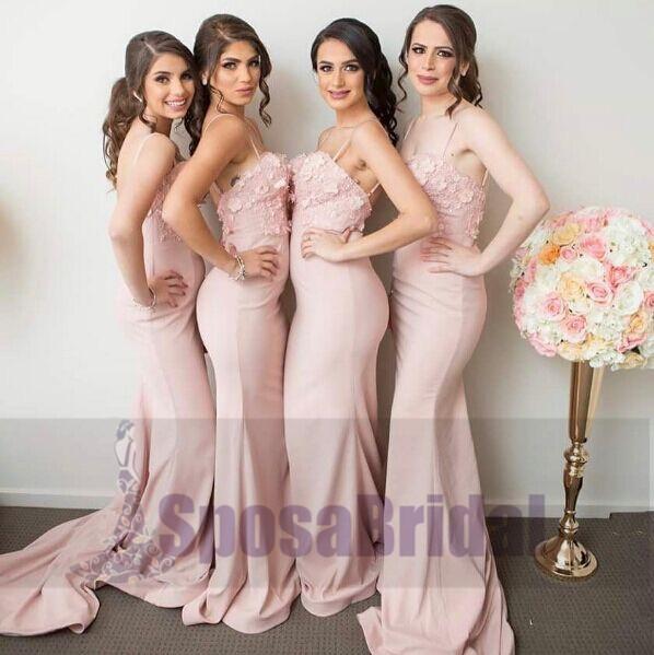 Spaghetti Straps Pink Mermaid Bridesmaid Dresses, Most Popular Prom Dresses, PD0473