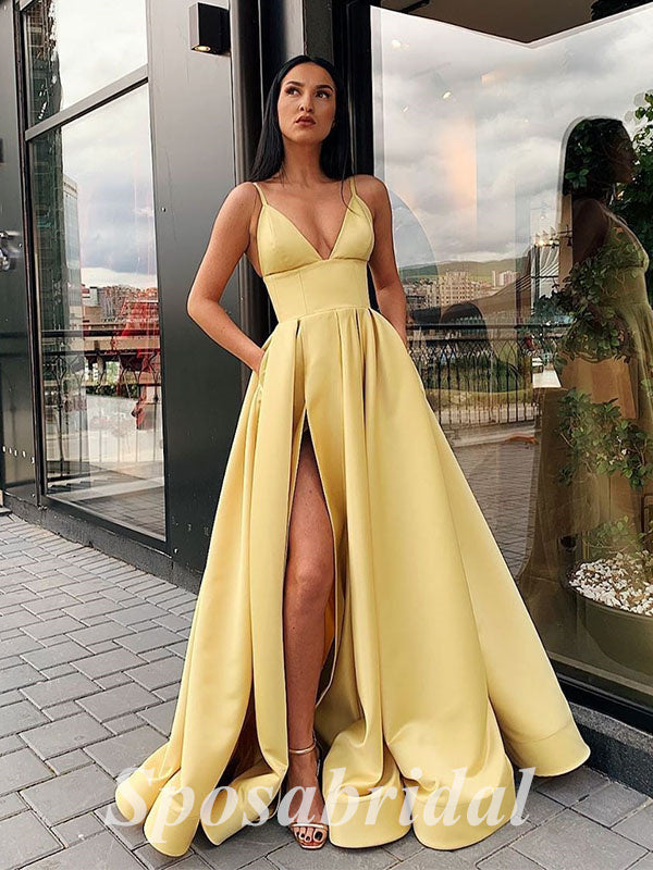 Sexy Satin Spaghetti Straps V-Neck Sleeveless Side Slit A-Line Long Prom Dresses,PD3689