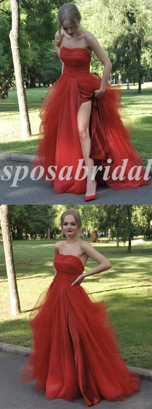 Sexy Tulle And Satin Sweetheart Sleeveless Side Slit A-Line Long Prom Dresses, PD3613