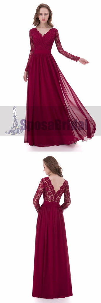 Red Long Sleeve V-Neck Full Lace Prom Dresses, Popular Custom Bridesmaid Dresses, PD0478
